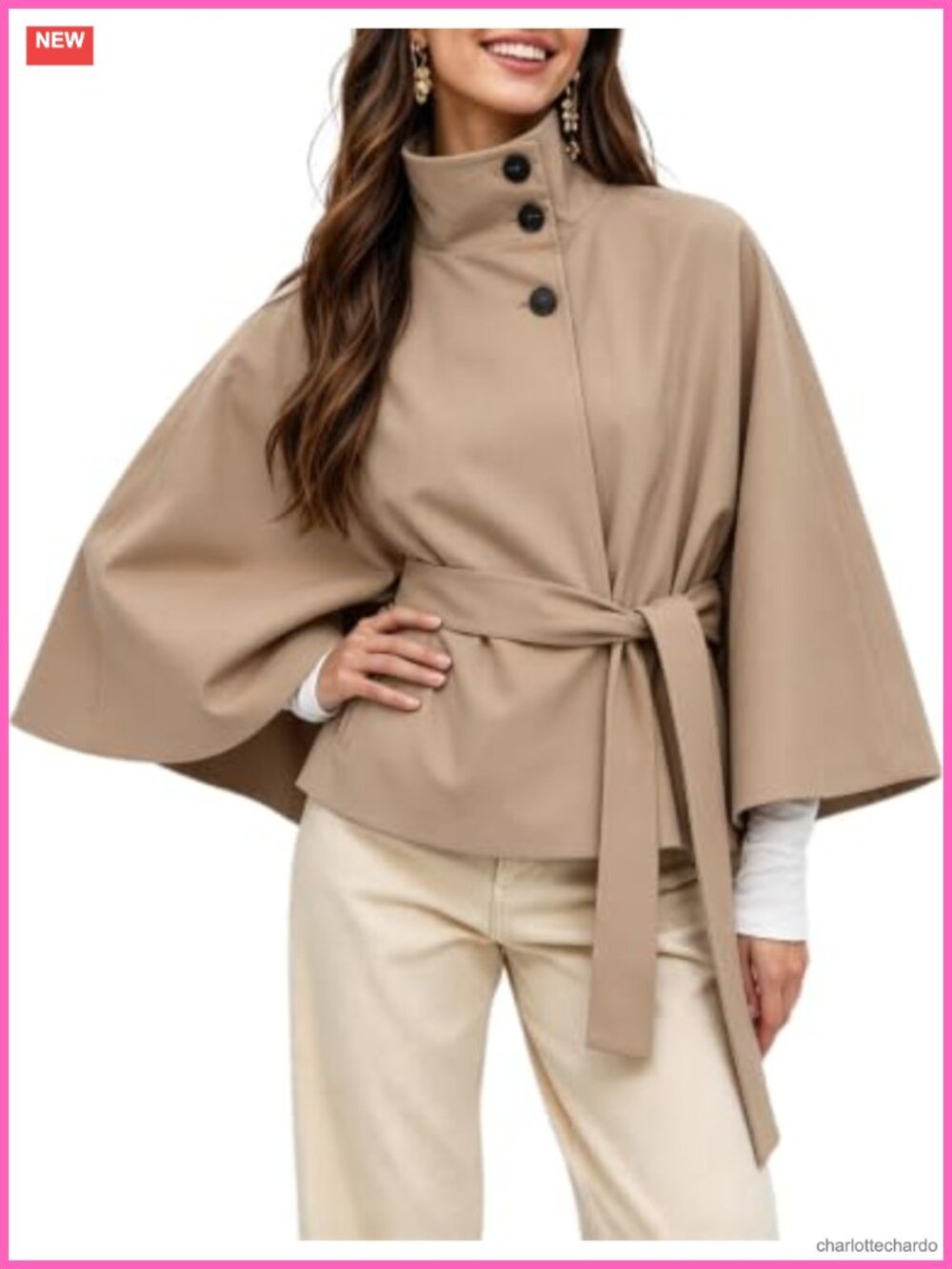 Womens Cape Trench Jacket Belted Short Coat Funnel Neck Lightweight